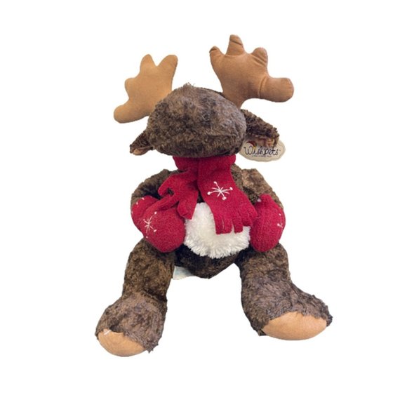 Wishpets Plush Moose Brown wearing Holiday Christmas Scarf - Picture 2 of 7